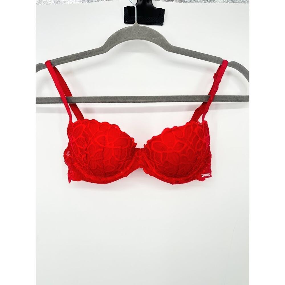 PINK Victorias Secret Date Super Push Up Bra Sz 32B Red Lace Intimate Valentines